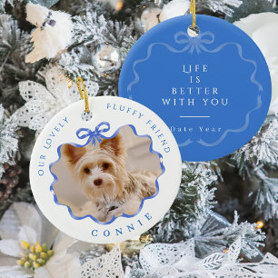 Bow Ribbon Pet Memory Photo Blue Ceramic Ornament