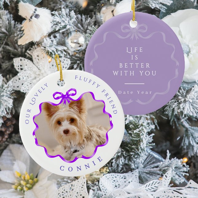 Bow Ribbon Pet Memory Photo Purple  Ceramic Ornament (Bow Ribbon Pet Memory Photo Purple Ceramic Ornament)
