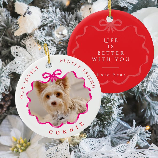 Bow Ribbon Pet Memory Photo Red Ceramic Ornament (Bow Ribbon Pet Memory Photo Red Ceramic Ornament)