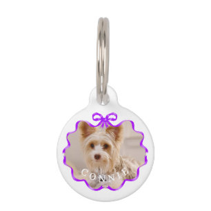 Bow Ribbon Pet Photo Purple White Pet ID Tag