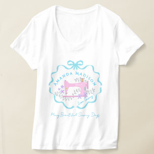 Bow Ribbon Sewing Blue White T-Shirt