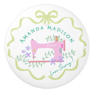 Bow Ribbon Sewing Green White Ceramic Knob