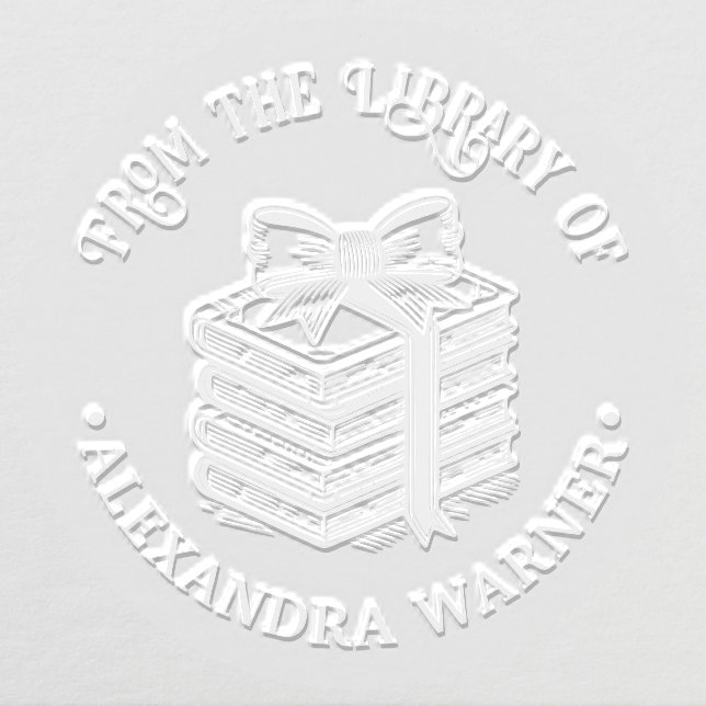 Bow Ribbon Wrapped Stack of Books Library Name Embosser (Design)