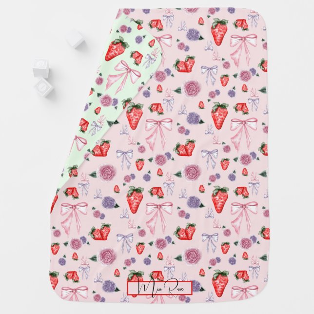Bow, rose and strawberry coquette pattern Baby Bib Blanket (In Situ)
