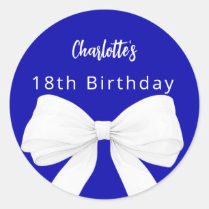 Bow royal blue white Birthday Classic Round Sticker