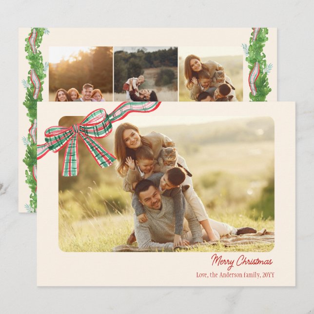 Bow rustic Christmas 4 Photos plaid ribbon Holiday Card (Front/Back)