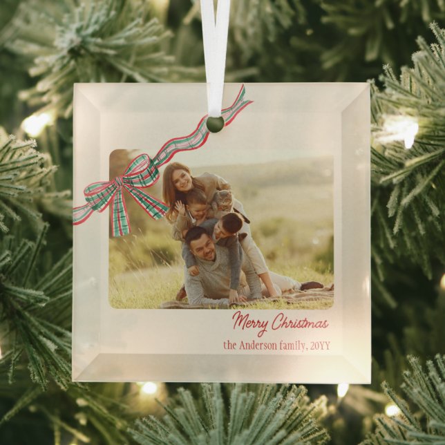 Bow rustic Christmas Photo plaid ribbon Glass Ornament (Insitu)