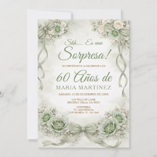 Bow Sage Green Floral Sorpresa 60 Años Birthday Invitation