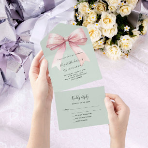 Bow sage green pink Quinceanera rsvp All In One Invitation