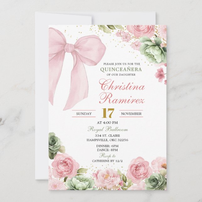 Bow Sage Pink Coquette Floral Quinceanera Invitation (Front)