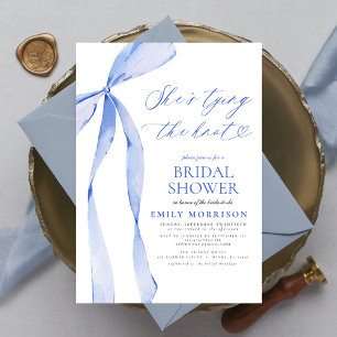 Bow She's Tying the Knot Blue Bridal Shower Invitation