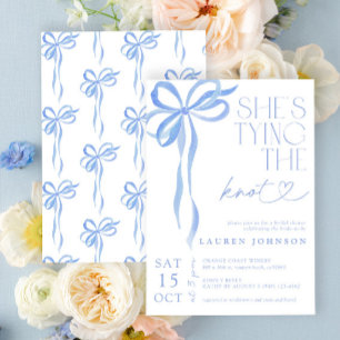 Bow She's Tying the Knot Blue Bridal Shower Invitation