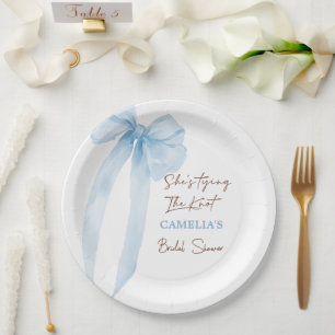 Bow She's Tying The Knot Blue Bridal Shower Paper Plates