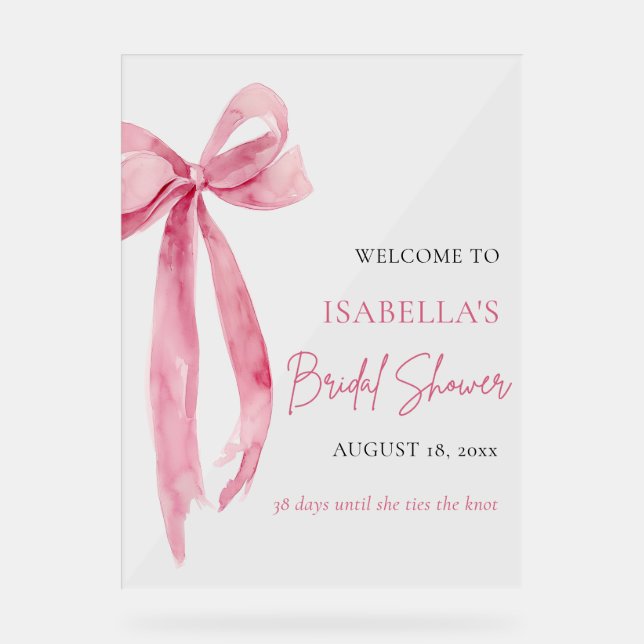 Bow She's Tying the Knot Bridal Shower Welcome Acrylic Sign (Front)