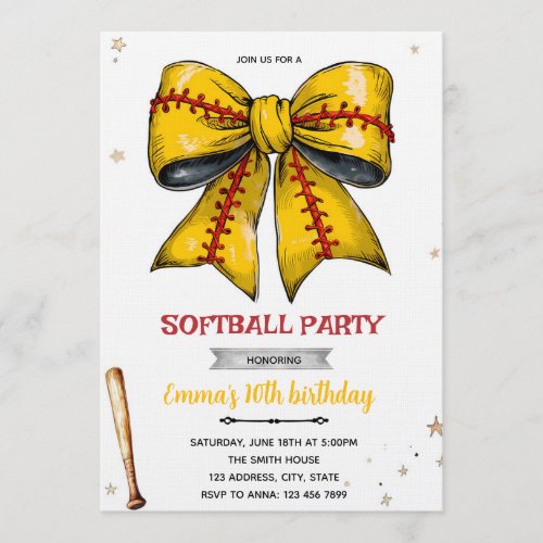 Bow softball party invitation