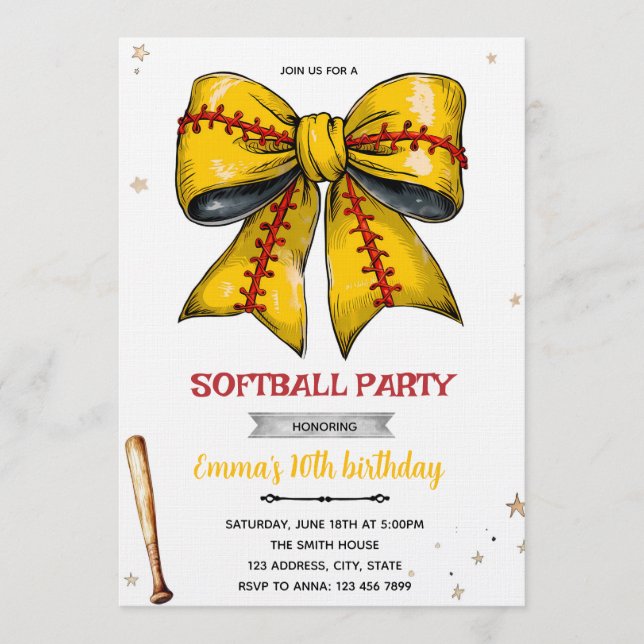 Bow softball party invitation (Front)