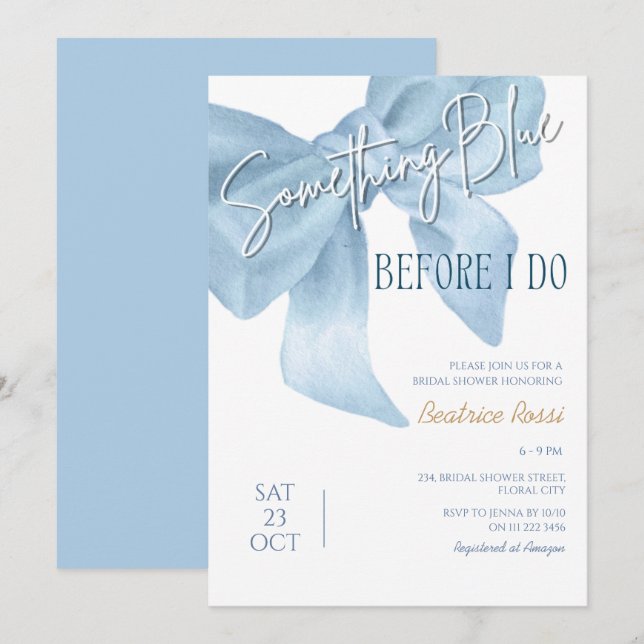 Bow Something Blue Dusty Minimalist Bridal Shower Invitation (Front/Back)