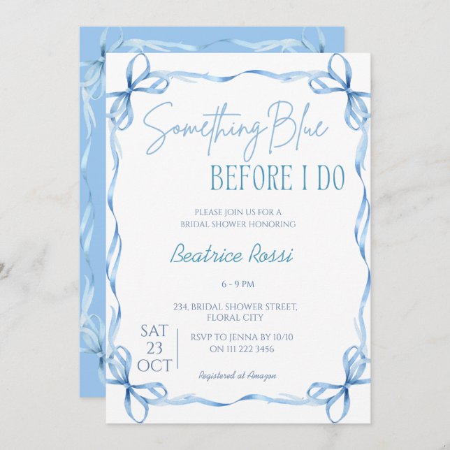 Bow Something Blue Squiggle Bridal Shower Invitation (Front/Back)