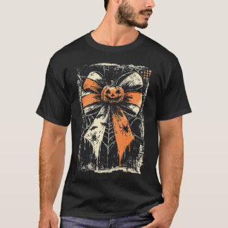 Bow Spooky Pumpkin Spider Bat Happy Halloween T-Shirt