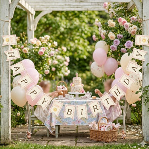 Bow & Strawberry Sun Happy Birthday Bunting Flags