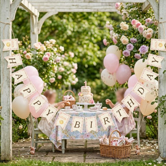 Bow & Strawberry Sun Happy Birthday Bunting Flags