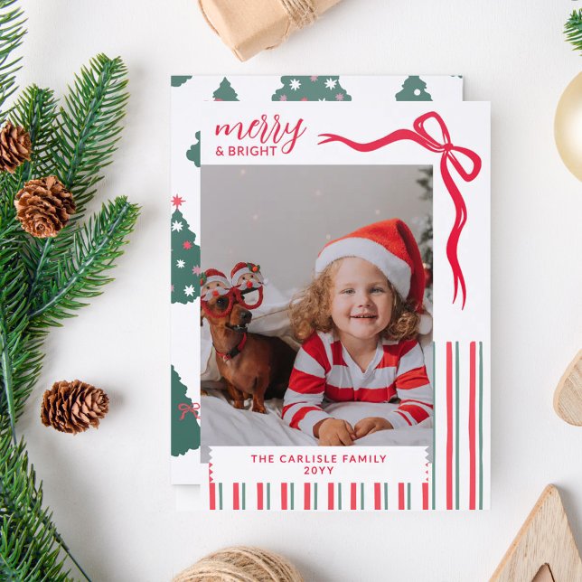 Bow Stripes Merry & Bright Photo Christmas Letterpress Photo Cards (Creator Uploaded)