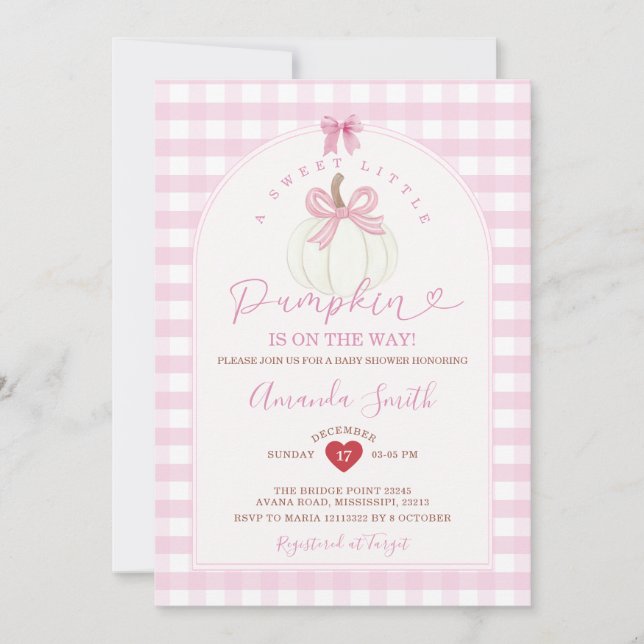 Bow Sweet Little Pumpkin Pink Gingham Baby Shower Invitation (Front)