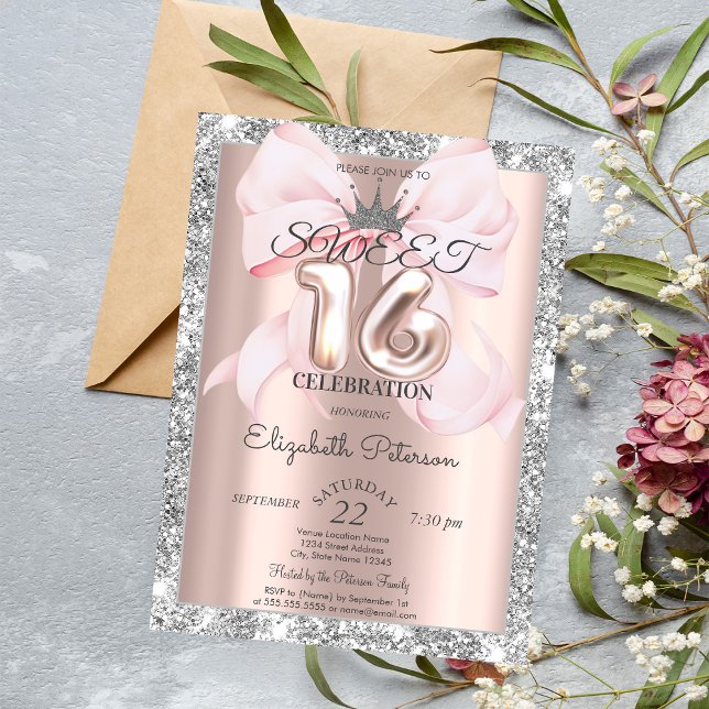 Bow,Tiara,Rose Gold Silver Glitter Sweet 16  Invitation (Creator Uploaded)