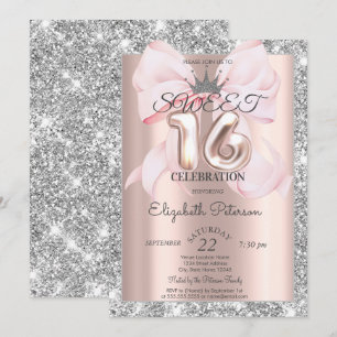 Bow,Tiara,Rose Gold Silver Glitter Sweet 16  Invitation