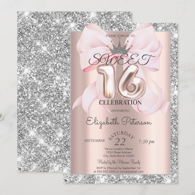 Bow,Tiara,Rose Gold Silver Glitter Sweet 16  Invitation (Front/Back)