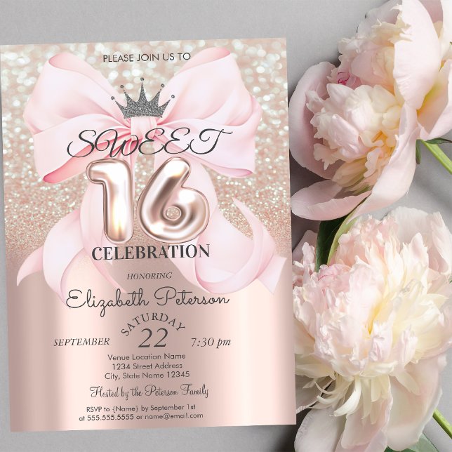 Bow,Tiara,Rose Gold Sweet 16 Glitter Bokeh Invitation (Creator Uploaded)