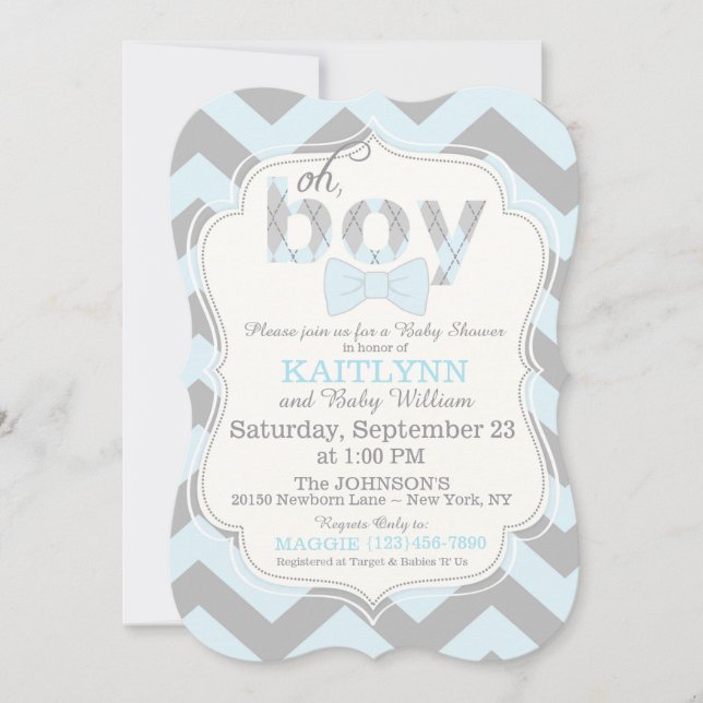 Bow-tie and Chevron Print Boy Baby Shower Invite (Front)