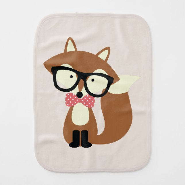 Bow Tie and Glasses Hipster Brown Fox Baby Burp Cloth (Front)