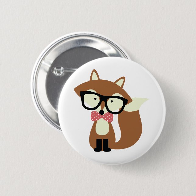 Bow Tie and Glasses Hipster Brown Fox Button (Front & Back)
