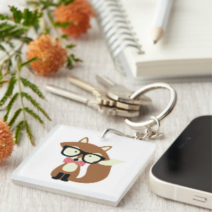 Bow Tie and Glasses Hipster Brown Fox Keychain