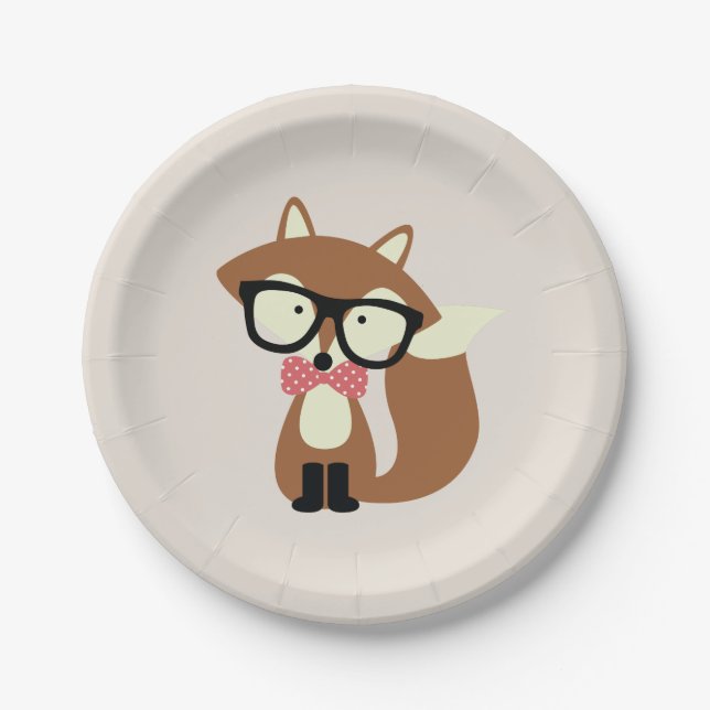 Bow Tie and Glasses Hipster Brown Fox Paper Plates (Front)