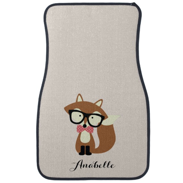 Bow Tie and Glasses Hipster Brown Fox Personalized Car Mat (Front)
