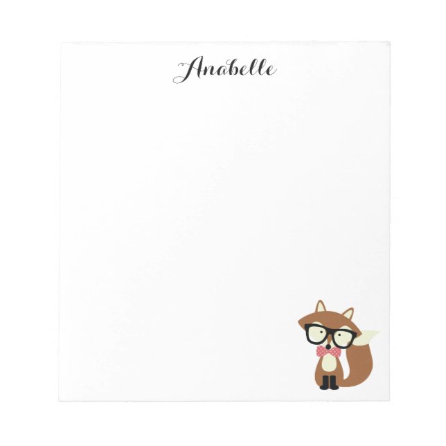 Bow Tie and Glasses Hipster Brown Fox Personalized Notepad (Front)