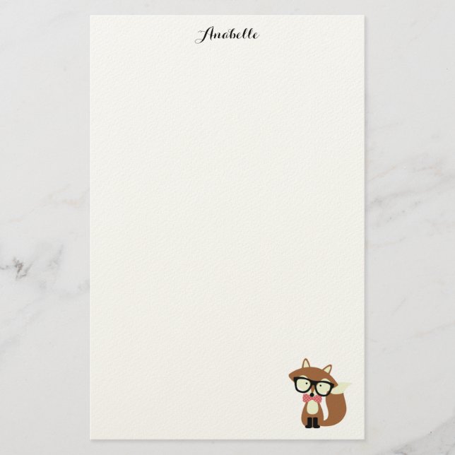 Bow Tie and Glasses Hipster Brown Fox Personalized Stationery (Front)