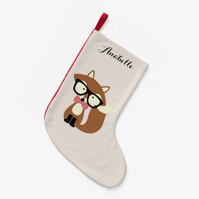 Bow Tie and Glasses Hipster Brown Fox Small Christmas Stocking (Front (Hanging))