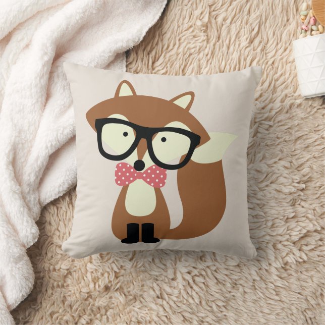 Bow Tie and Glasses Hipster Brown Fox Throw Pillow (Blanket)