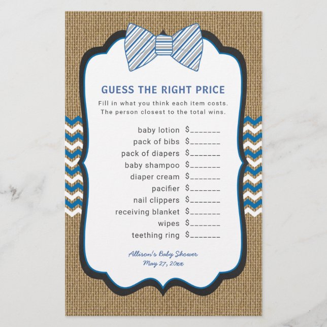 Bow Tie Baby Shower Games price + word scramble (Front)