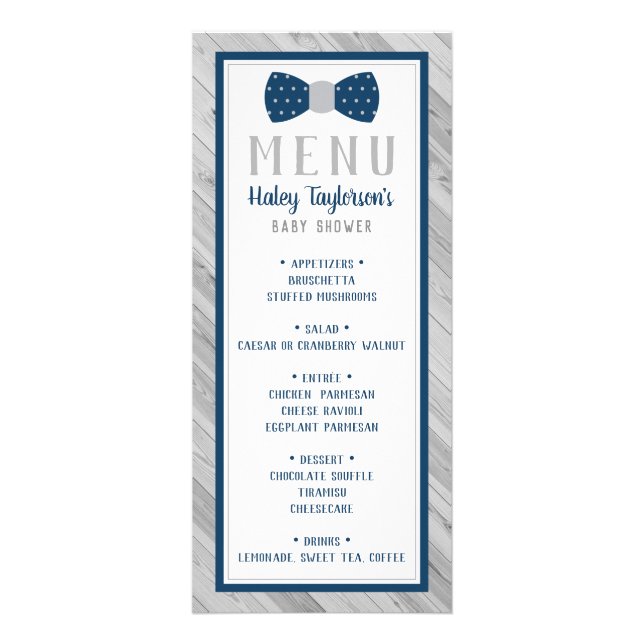 Bow Tie Baby Shower Menu Card, Blue and Gray (Front)