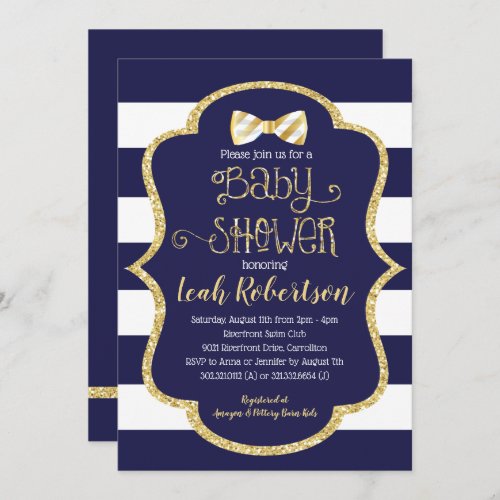 Bow Tie Baby Shower _ Navy Stripe Gold Glitter Invitation