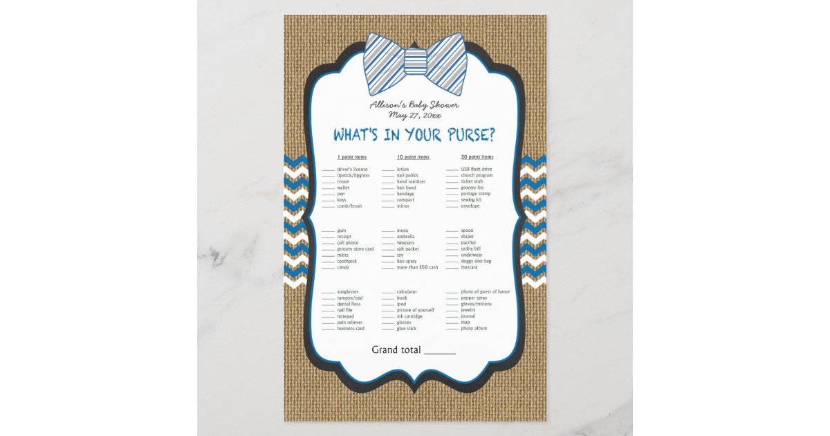 Bow Tie Boy Baby Shower Games Purse Bingo Zazzle Com