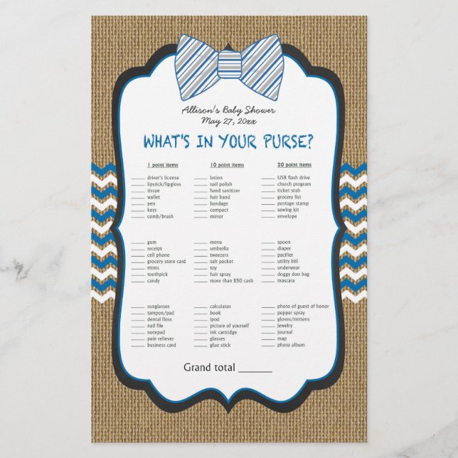 Bow Tie Boy Baby Shower Games purse / bingo (Front)