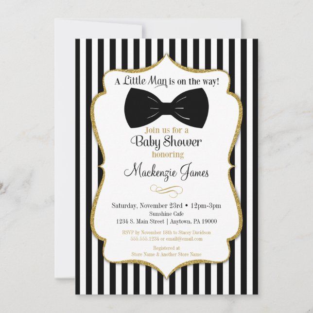 Bow Tie Boy Baby Shower Invitation Black Gold (Front)