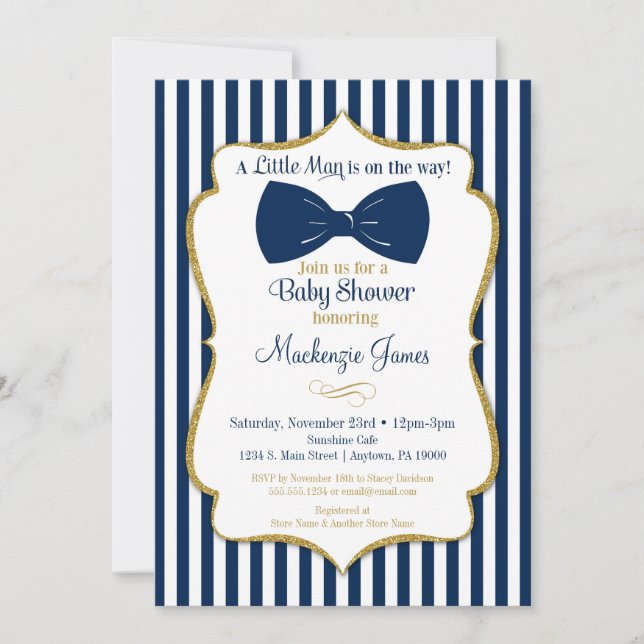 Bow Tie Boy Baby Shower Invitation Navy Blue Gold (Front)