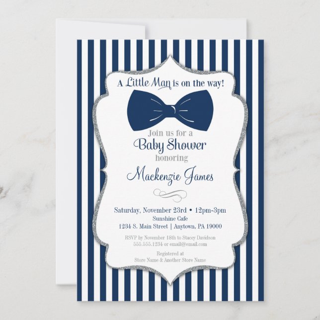Bow Tie Boy Baby Shower Invitation Navy Silver (Front)