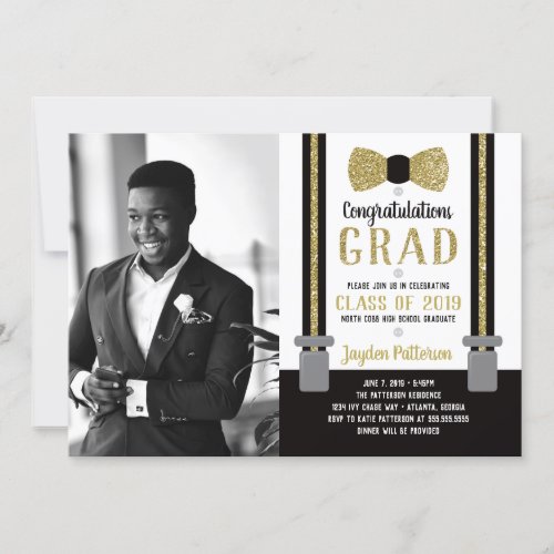 Bow Tie Graduation Party Invitation Black Gold Invitation